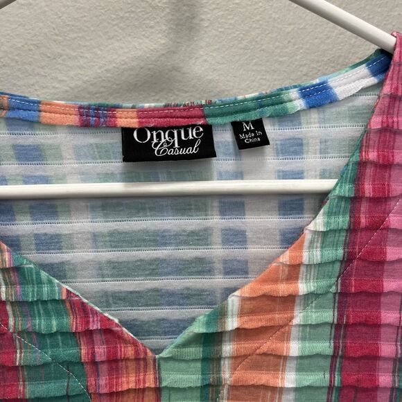 Onque Casual | Textured Tiered Multi Rainbow Stripe V-Neck 3/4 Sleeve Top Medium - Picture 3 of 5